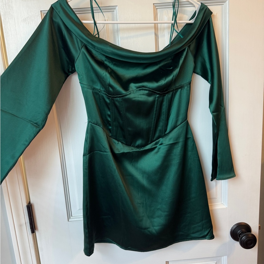 Emerald Green Satin Off-Shoulder Mini Dress